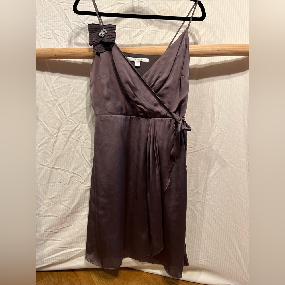 Charcoal Grey Spaghetti Strap Satin Dress with Rhinestone Brooch